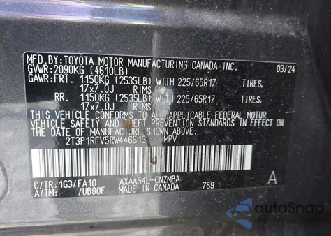 2024 Toyota Rav4 Xle из США, поврежденный, VIN 2T3P1RFV5RW446513